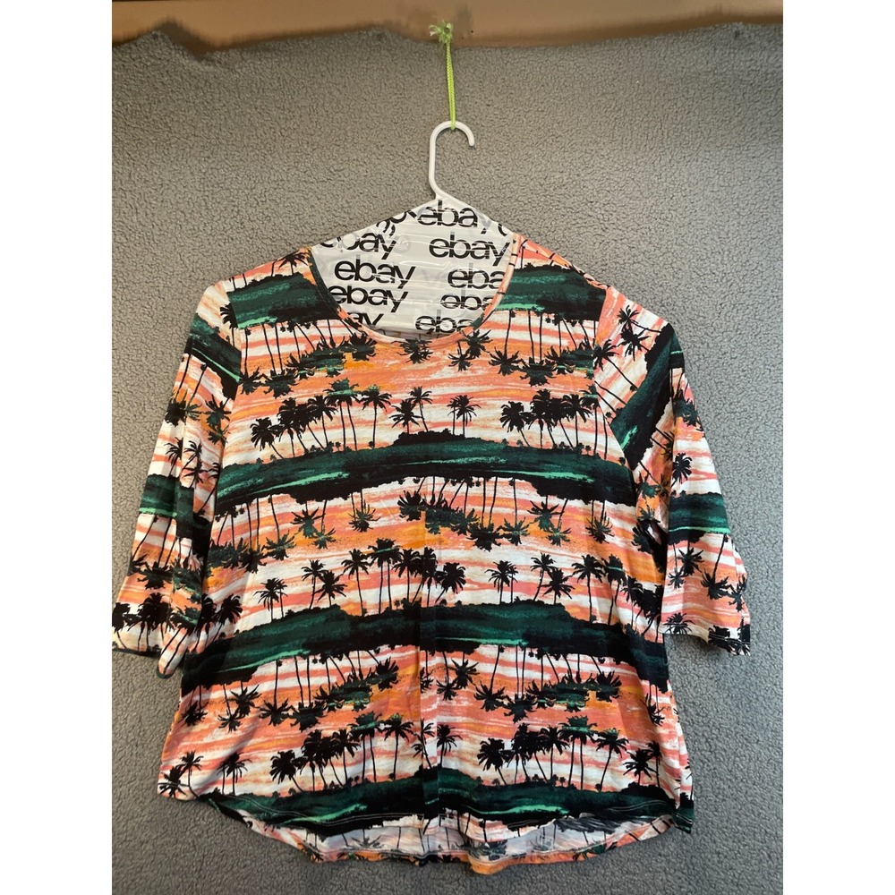 SUN BAY Womens Plus Size 2X Tropical Island Print 3/4 Sleeve‎ Scoop Neck Shirt